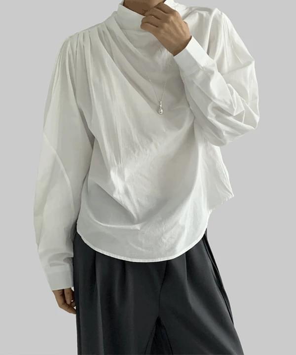 Petite high neck shirring blouse