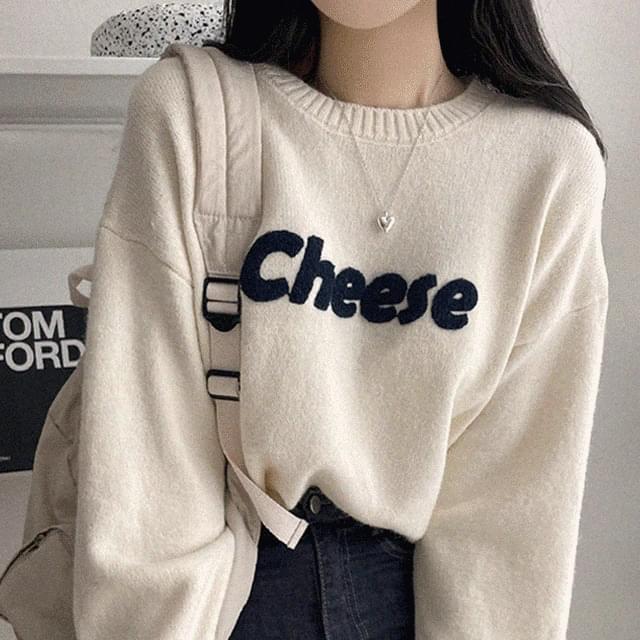 Cheese Lettering Wide Round Neck Knitwear 5 Colors 针织衫
