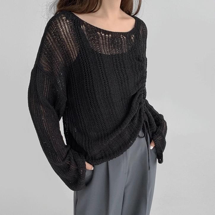 Shirring Strap 2 Boat Neck See-Through Knitwear