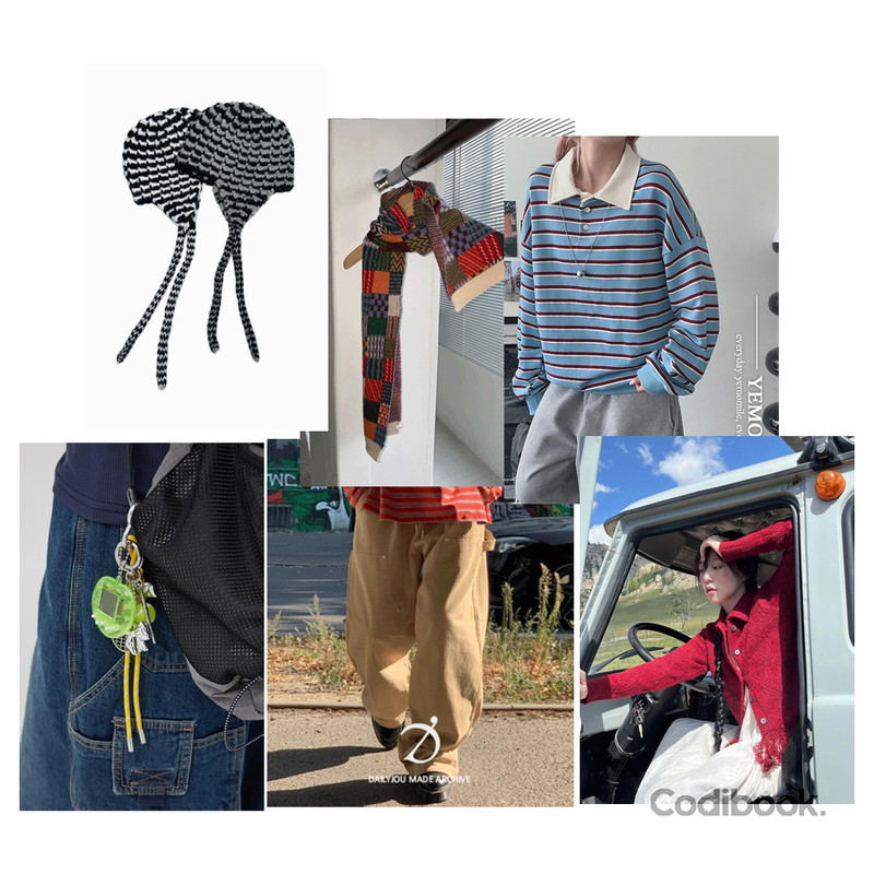 kim9hope multi crayon muffler,tipssy ) stripe knit strap beanie (2color),porterna 앤드 다마고치 키링등을 매치한 코디