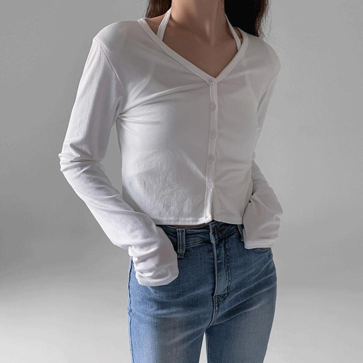Halter cap cropped sleeveless & V-Neck cardigan set