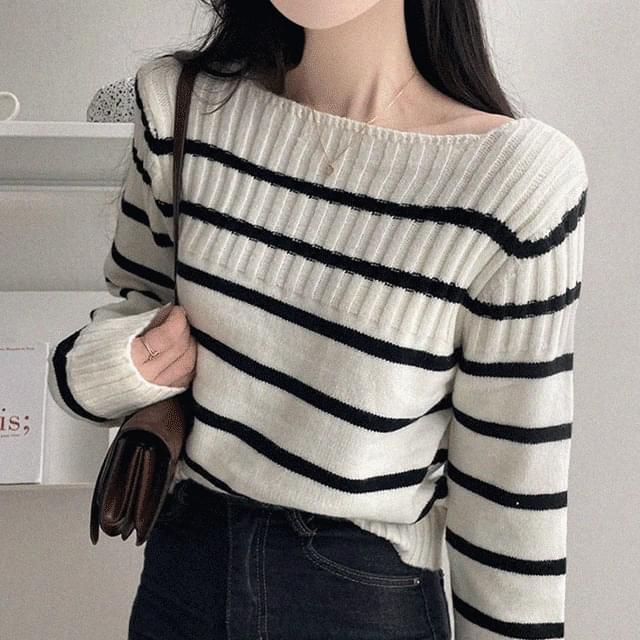 Denny Square Neck Striped Off Shoulder Knitwear 2color 针织衫