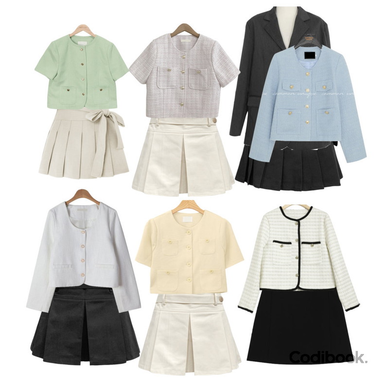 AWAB 헤이즐박시보이핏자켓 -4color,dangosister 유넷트위드JK(2c) 크롭:D,frenchaube 올슨 여름 노카라 퍼프 블라우스 크롭 반팔 자켓(4color)등을 매치한 코디