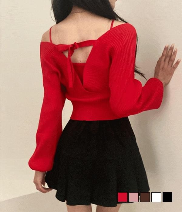 The Shua Back Ribbed Golji Off-Shoulder Sleeveless Wrap Knitwear