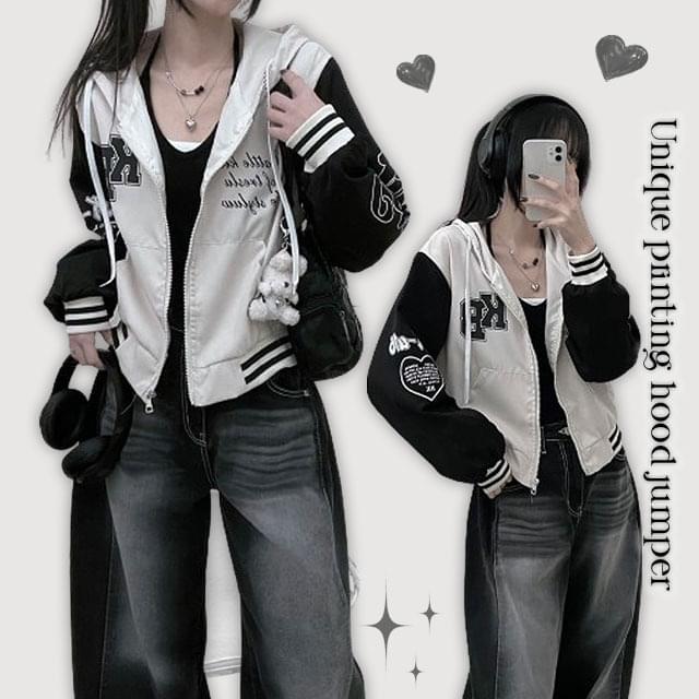 Love heart lettering vintage color matching hooded baseball Jacket