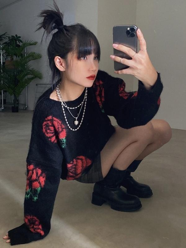 玫瑰印花寬鬆針織衫