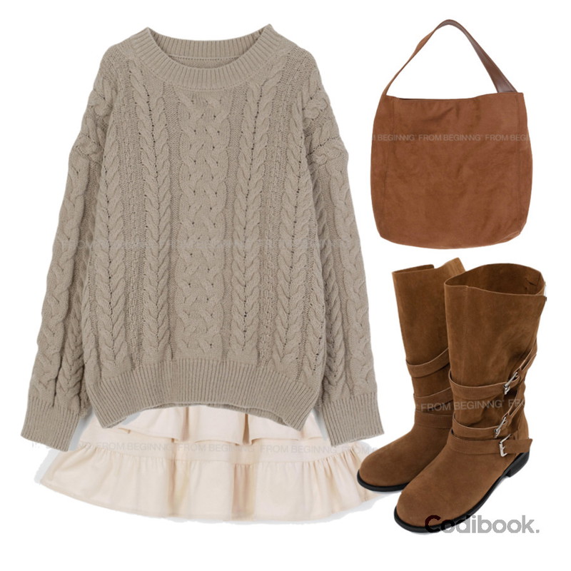 From Beginning 버클 스웨이드 롱 부츠 (3color),From Beginning 니크 케이블 루즈 니트 (5color),From Beginning 코지 캉캉미니스커트(이너팬츠 내장) (2color)등을 매치한 코디