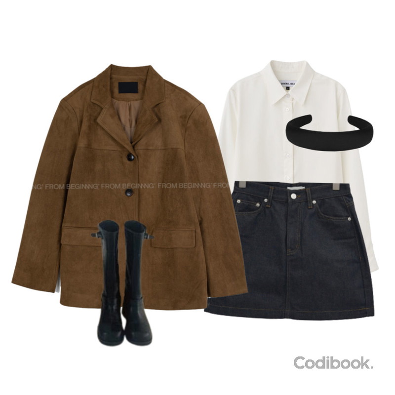 porterna 루비 헤어 밴드,Daltt 볼린 투웨이 바이커 부츠,MAENIQUE 셀리메 레터링패치 생지데님 스커트등을 매치한 코디