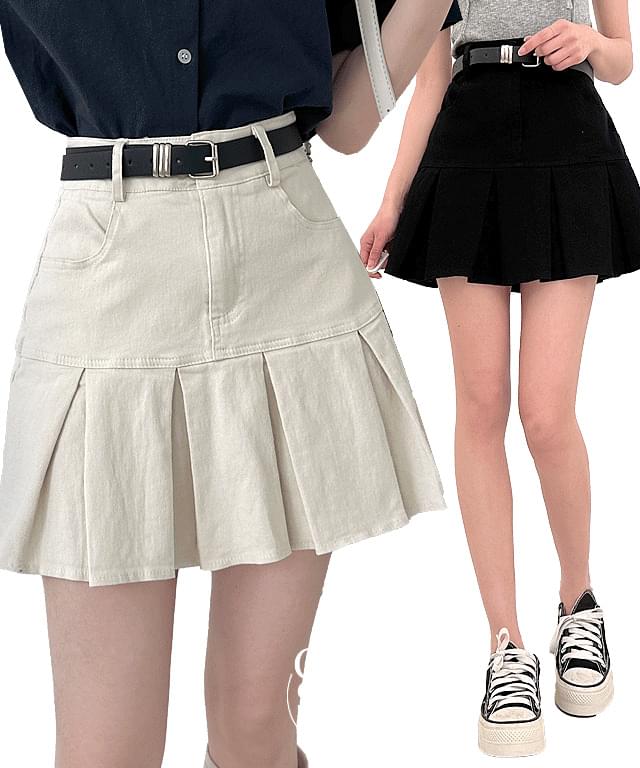 하이웨스트 A라인 플리츠 미니스커트