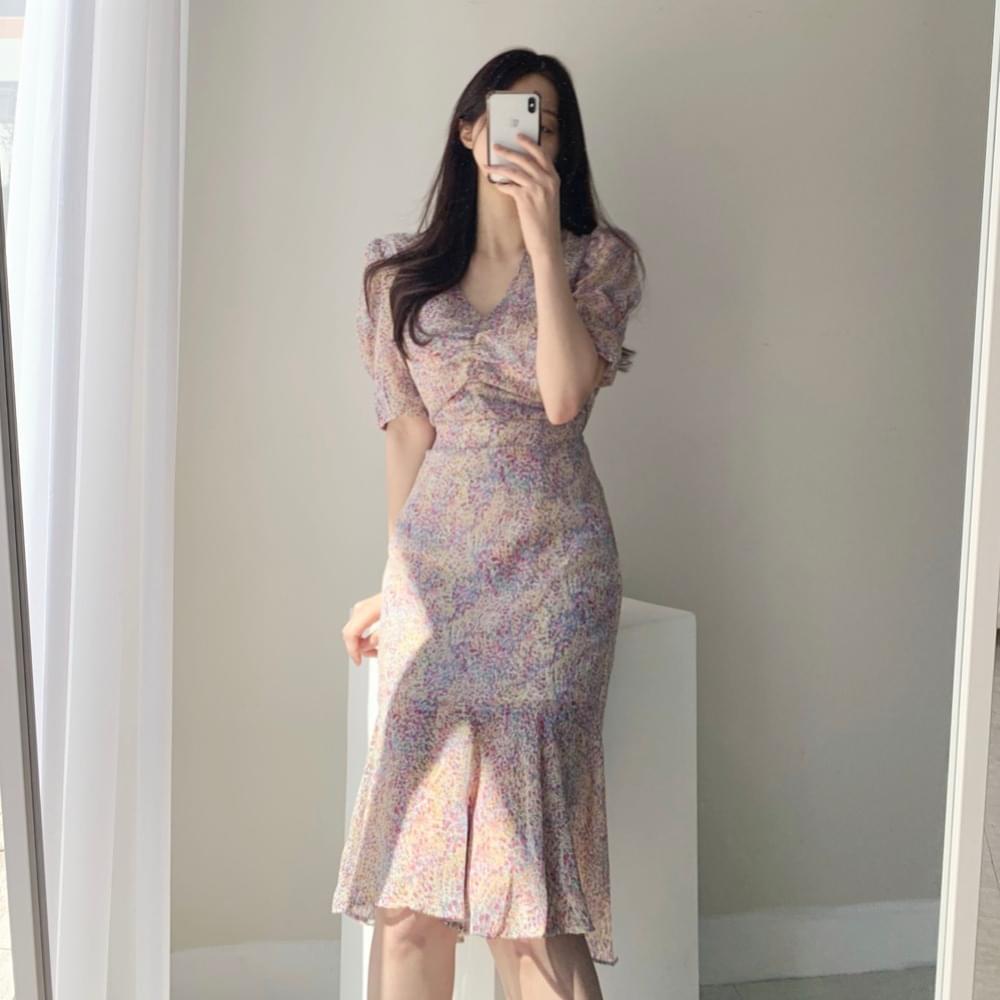 Flower chiffon hemp V- V-Neck marbling shirring mermaid frill puff long Dress red violet