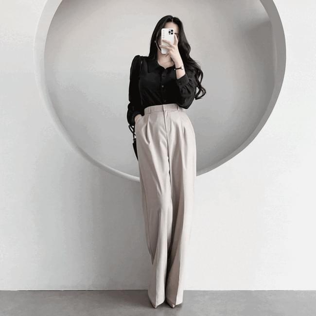 Ganadaran solid high waist pin tuck wide slacks 4 colors