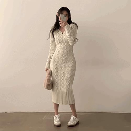 Men's Heart Sniper, Jelly Twisted V-Neck Knitwear Long One Dress