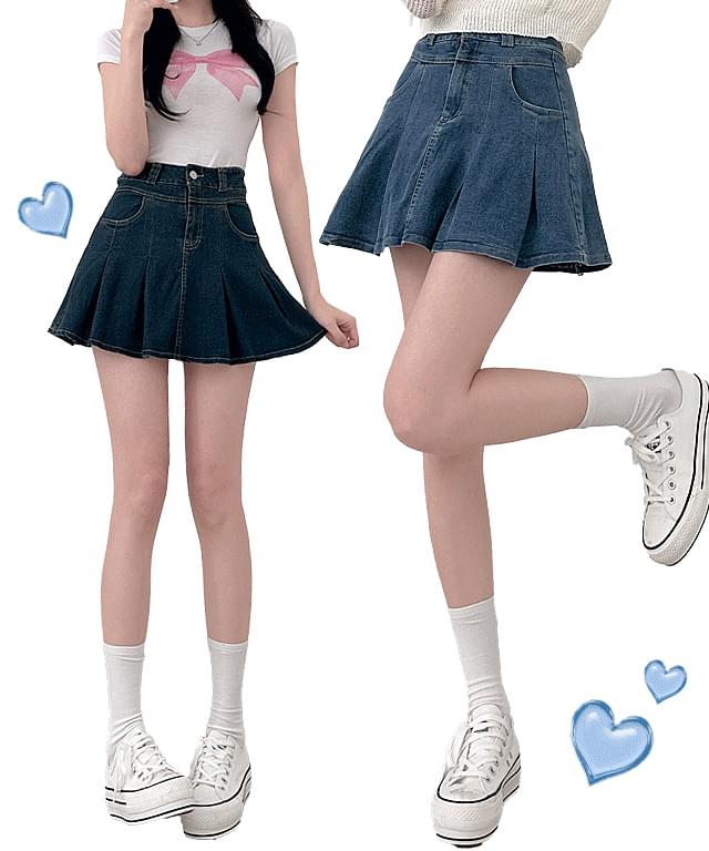 플러팅 데님 플레어 미니스커트