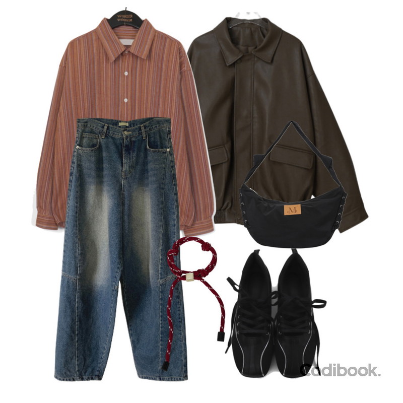 binary01 뮤코 로프 발찌&팔찌,MUCENT NEW MOON SHOULDER BAG UNISEX (2Color) 뉴 문 숄더 백 남녀공용 (2컬러),wonderwonder 제커 에스닉 히피 스트라이프 긴팔 셔츠등을 매치한 코디