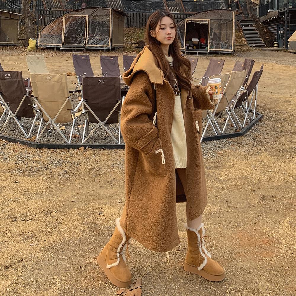 Completely ttasup boucle puffy hood long tteokbokki duffel coat fleece outerwear fleece fur fur winter date look daily look 3COL