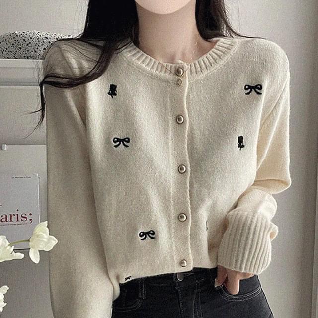 綁帶玫瑰刺繡金屬鈕扣開衫