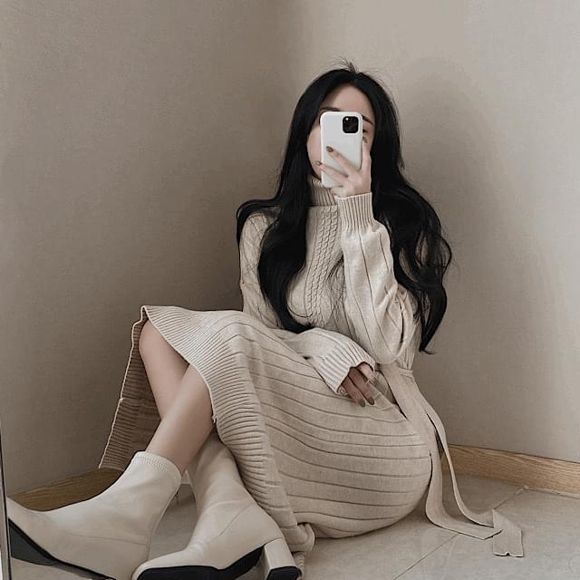 터틀넥 꽈배기 니트 롱원피스 2color