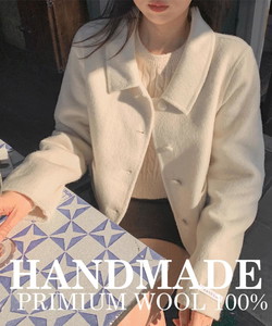 Wool half coat collar buttoned sleeve slit pocket jacket