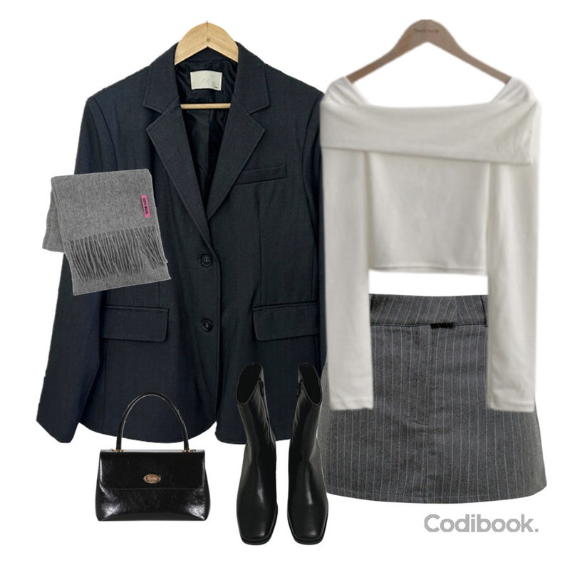 AAKE COLORY WOOL MUFFLER (11color),byclothes 웬스 투버튼 싱글자켓,MAGLE 엘리아 앵클 부츠 6cm - 3 color등을 매치한 코디