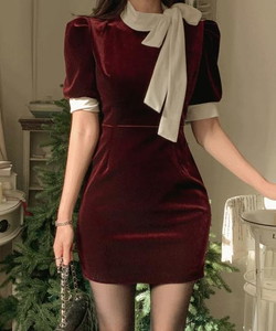 Linty Velvet Ribbon Tie Puff Mini Dress
