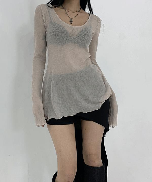 May Punching See-through Mid-Season Long Sleeve Basic T-Shirt Top