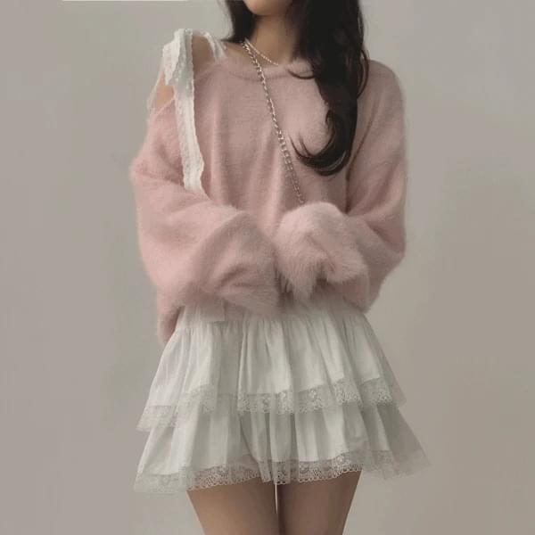 루즈핏 발레코어 리본 언발 앙고라 니트긴팔티셔츠2color