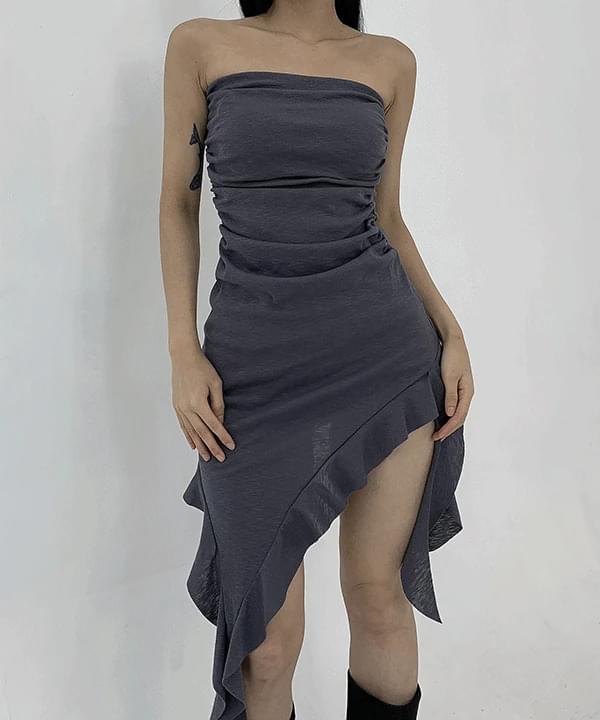 Jay Shirring Slim Sleeveless Tube Top Unbalanced Frill Mini Dress