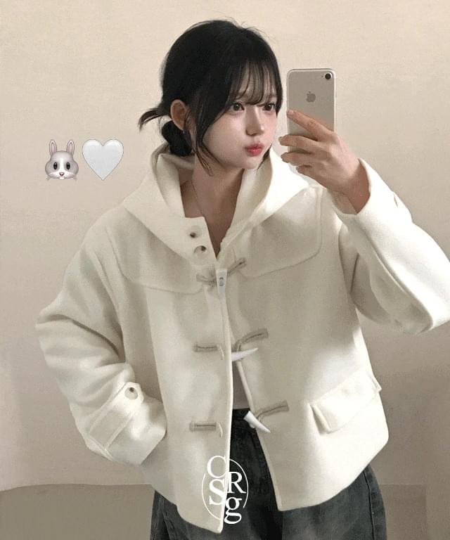 羊毛連帽炒年糕釦短版外套