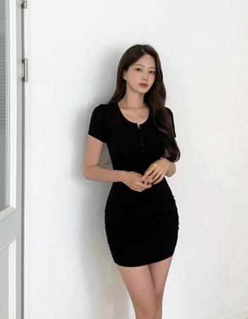 Arrow Button Shirring Short Sleeve Mini Dress