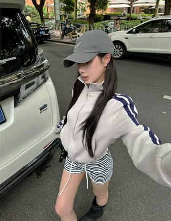 對比色拼接立領拉鍊長袖上衣