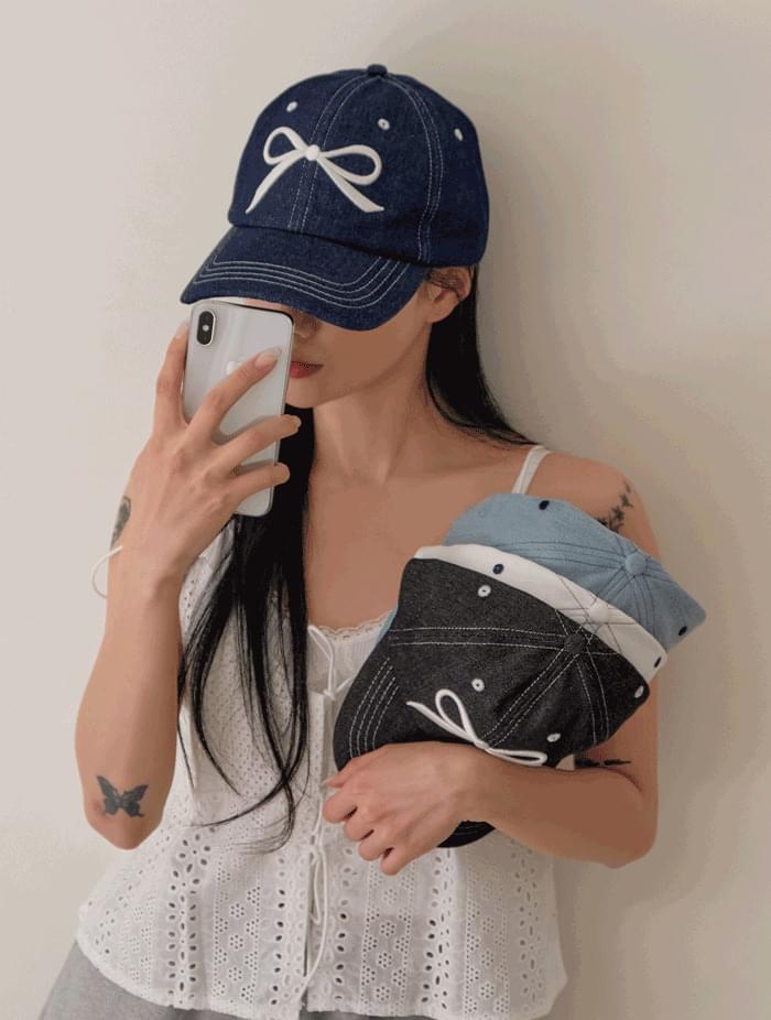 Ribbon embroidery denim Faded stitch ball cap overfit hat 4 colors 帽子