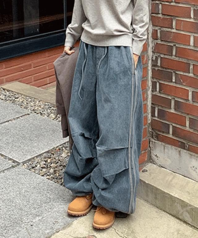 DAILYJOU - Uren pin tuck wide track line denim pants - Codibook.
