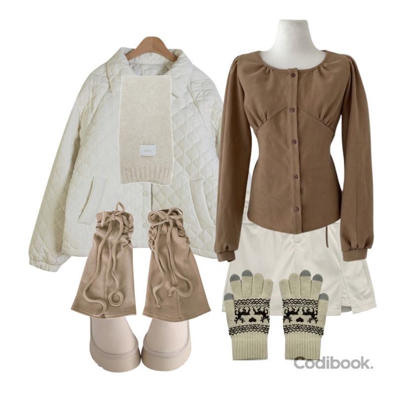 binary01 리본 티딧 셔링워머,LOVELY SHOES 토이어그 키높이 퍼 앵클부츠 5cm,AAKE WOOL BOUCLE MUFFLER (6color)등을 매치한 코디