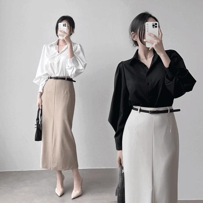 Ganadaran Office Look Belt Spandex Slit Team Long Skirt 4 Colors