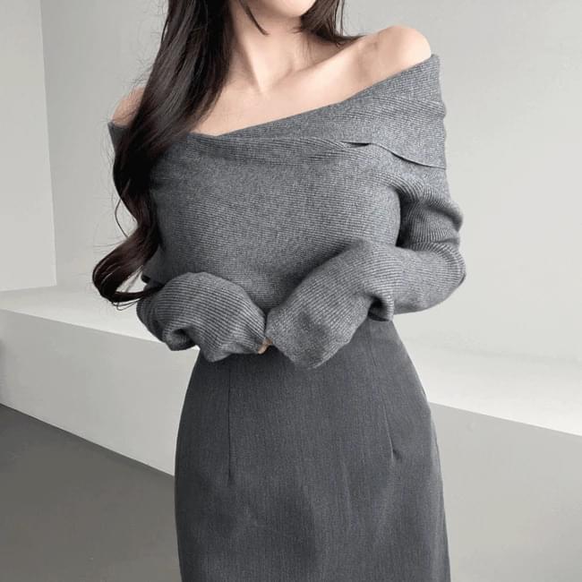 Ganadaran delicate big shawl collar slim fit off-shoulder knitwear 4 colors