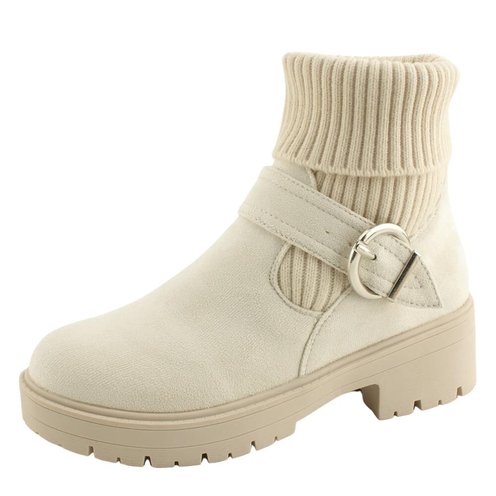 Knitwear Fleece-lined Suede Buckle Flat Walker Boots Beige