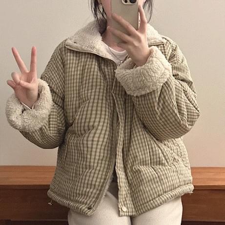兩用羊羔毛格紋抽繩可翻轉羽絨外套