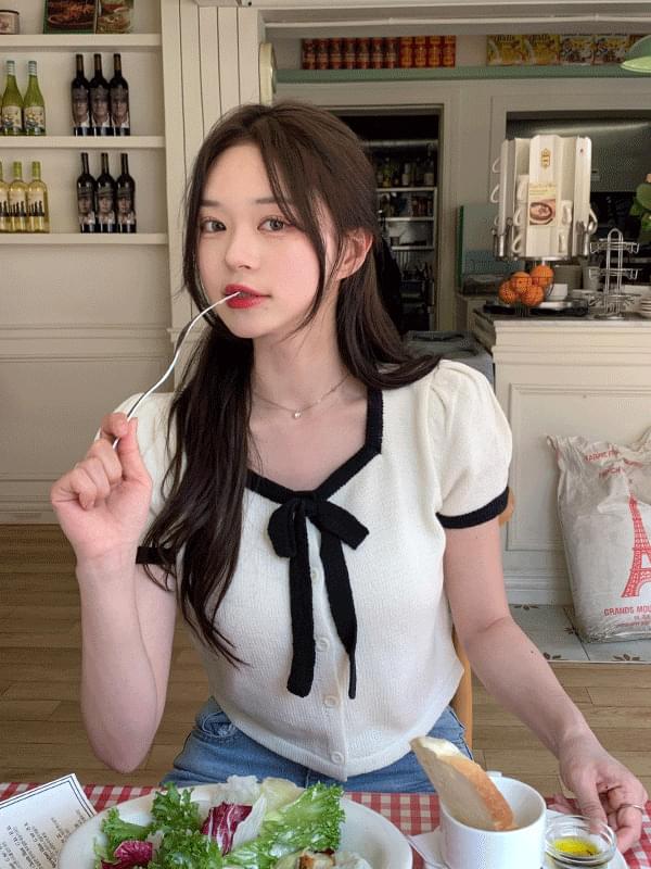 Pretzel puff ribbon short sleeve cardigan