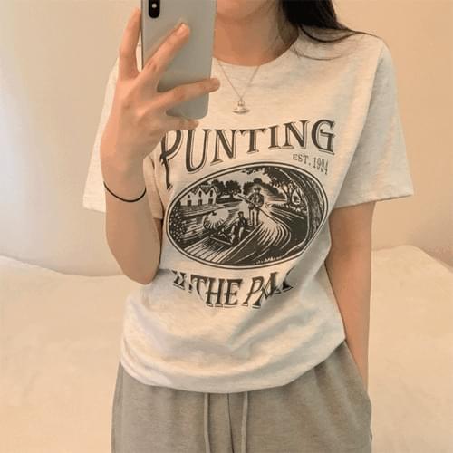 punting lettering round short sleeve t-shirt