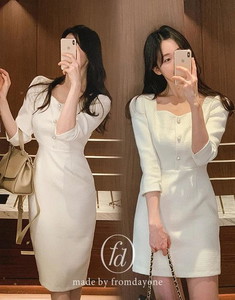 珍珠編織方領中長版洋裝