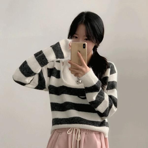 도로시 앙고라 스트라이프 브이넥니트 나시세트 4color
