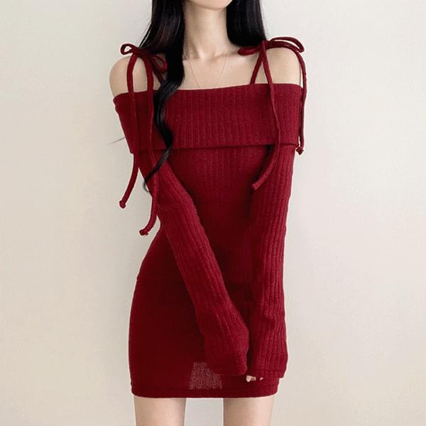 年末露肩綁帶針織短洋裝
