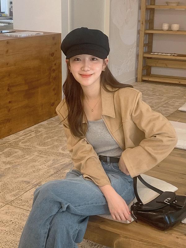Moose Suede Mid-Season Collar Crop Zip-Up Jacket