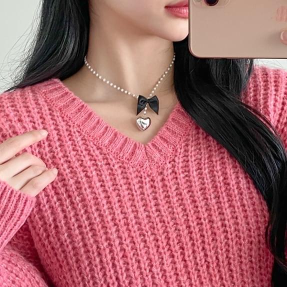 Heart Belly Ribbon Pearl Necklace