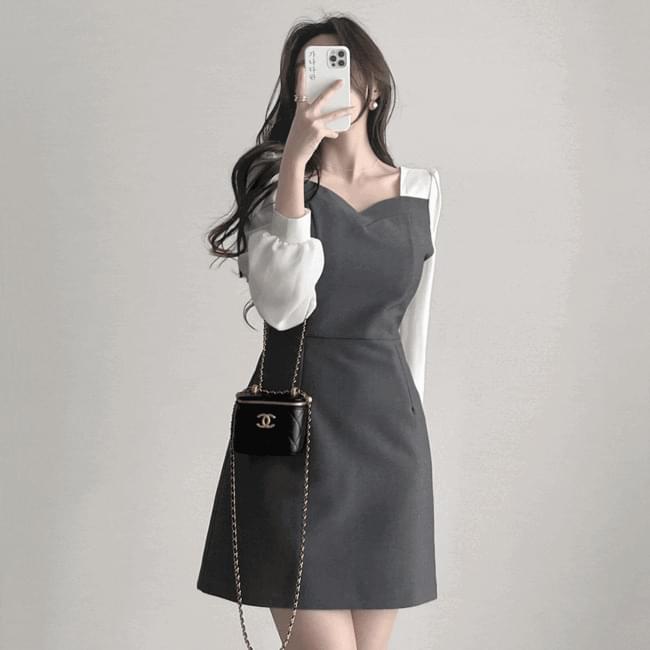 Canadian Heart Neck Pintuck Square Neck Mini Guest Look Dress 3color