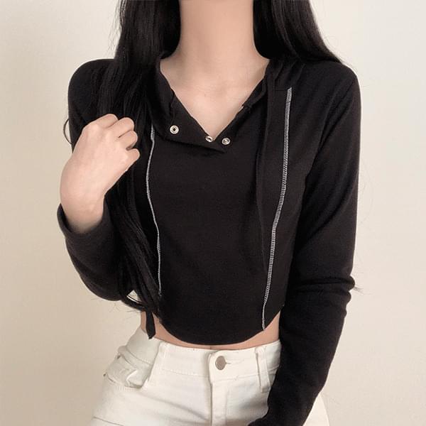 Button Cropped Hooded Long Sleeve T-shirt