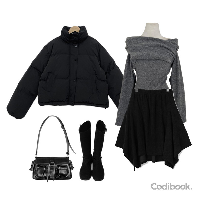 Cozy&Kitsch 포터 블랙 아일렛 백,binary01 런티 투웨이 버클부츠,gifteabox 로즈 오프숄더 겉기모 니트 티셔츠등을 매치한 코디