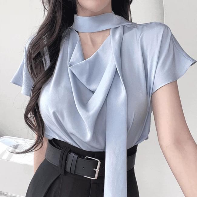 Alphabet Arm Cover Short Sleeve Drape Tie Blouse 3 Colors