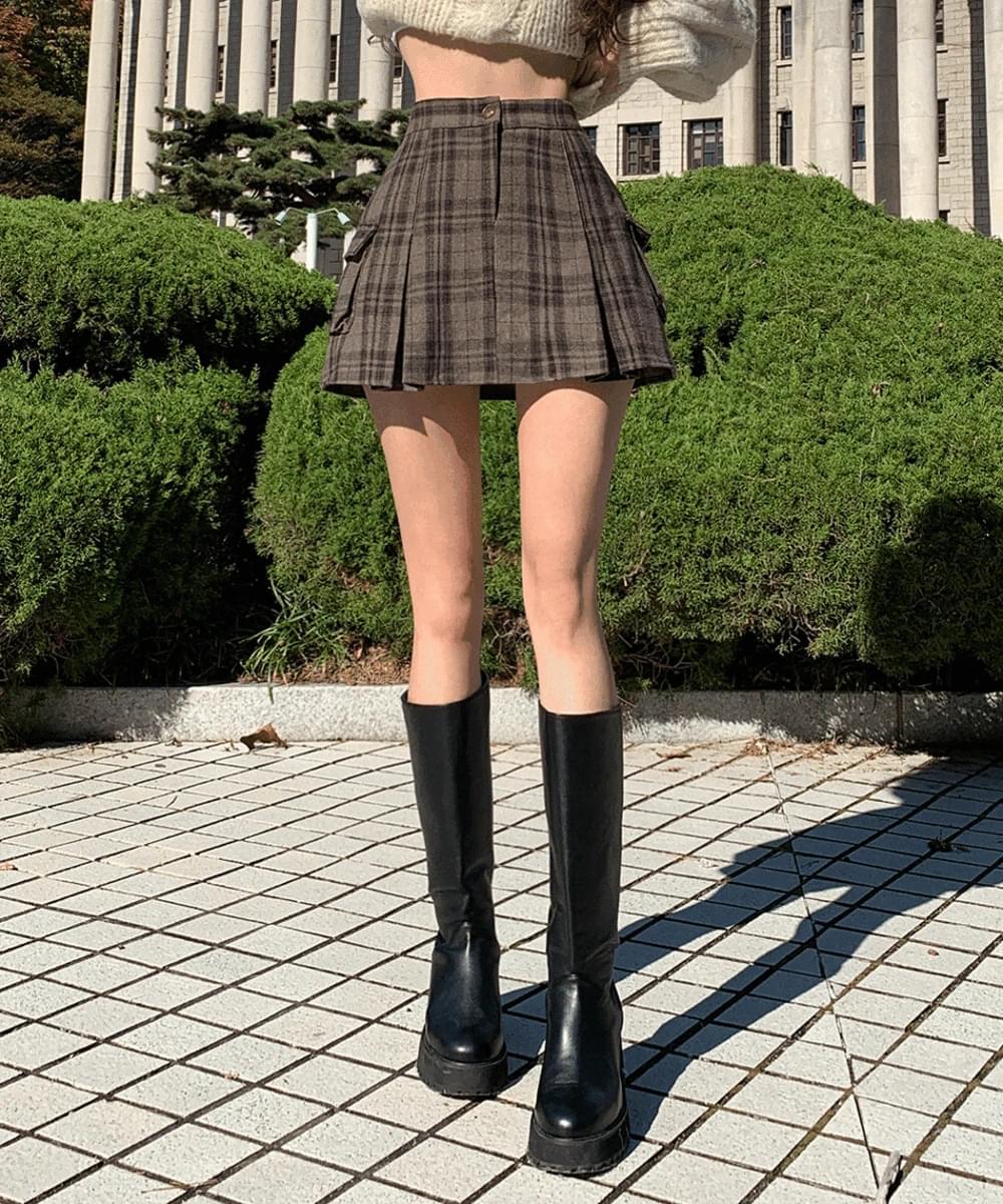 체크 카고 미니 스커트 플리츠 밴딩 포켓 치마 A라인 H라인 치마바지 가을 겨울 데일리 데이트룩 캐주얼 3COL