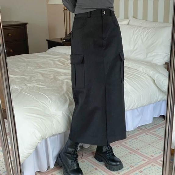 Just right cargo long SK back banding band H-line long skirt cotton pocket long skirt front slit skirt